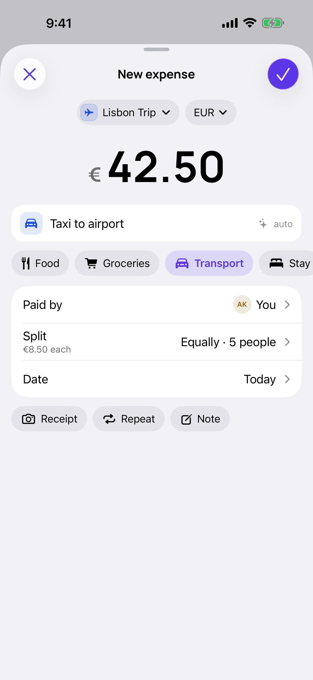The native iPhone expense form